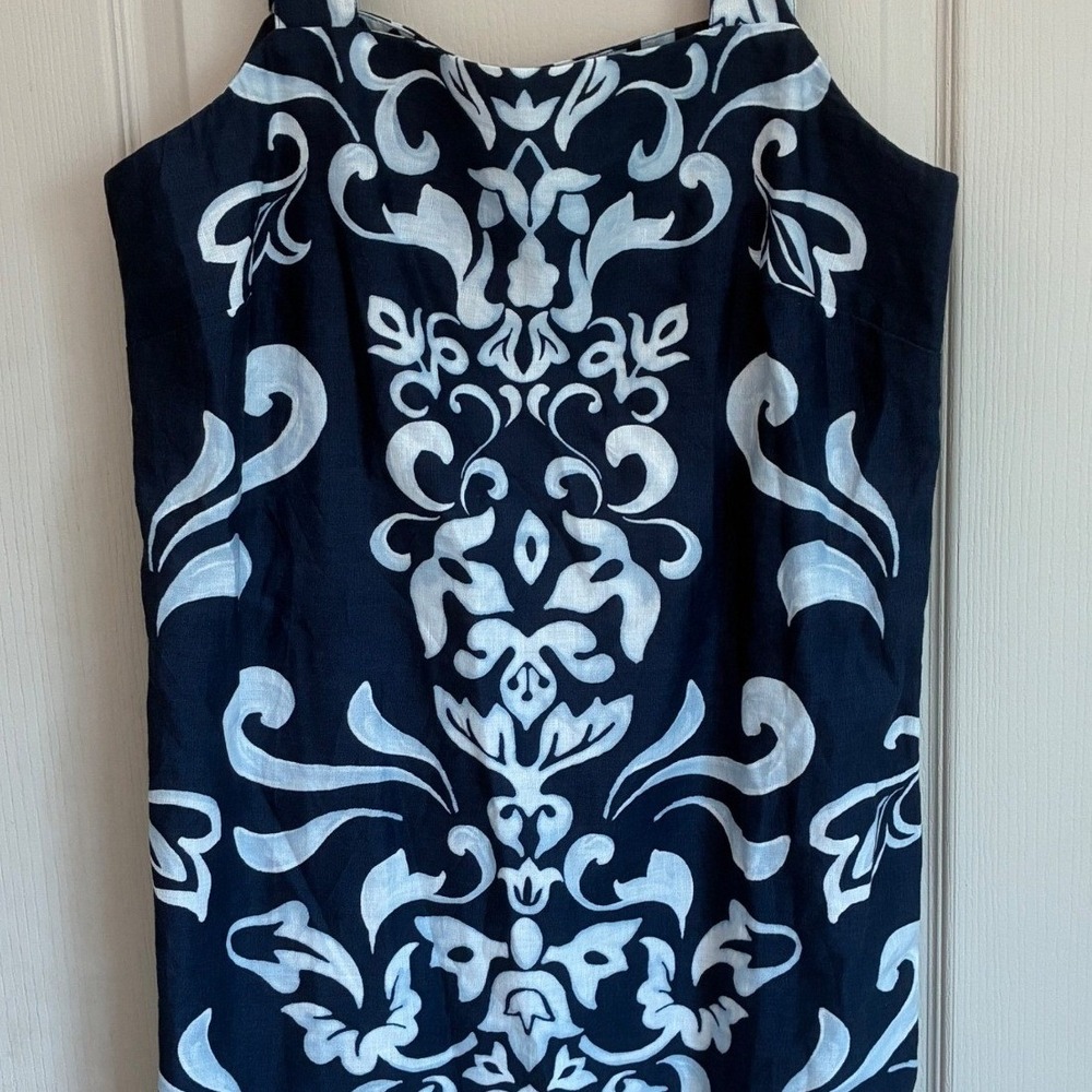 Talbots Navy Blue White Damask Linen Blend Square Neck Shift Dress Womens 14 NWT - Picture 5 of 11